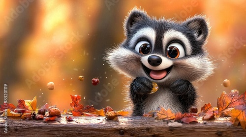  A raccoon perched atop a log amidst falling autumn leaves