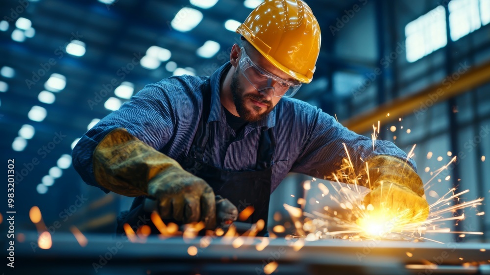 A man in a yellow hard hat is working with a piece of metal A man in a yellow hard hat is working with a piece of metal