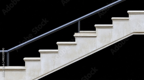 A gray concrete staircase rises upward, flanked by sleek metal railings, set against a minimalist wall with an adjacent pole, creating an open, spacious environment