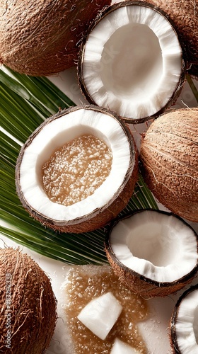  A group of coconuts resting on a table alongside palm fronds and a container of coconut oil