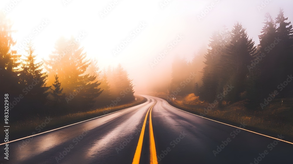 Fototapeta premium Winding Road Through Foggy Forest at Sunset