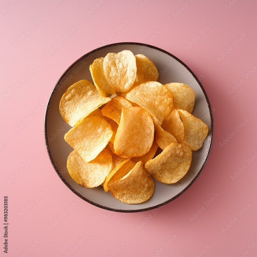 Potato chips on pink background view from above Potato chips on pink background view from above