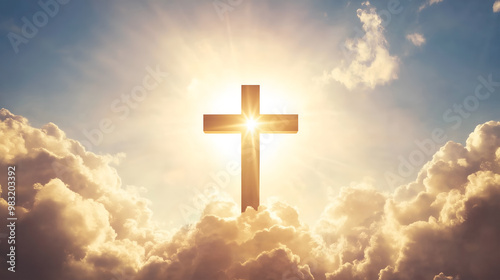 A radiant cross emerges through clouds, symbolizing resurrection and hope in the sky