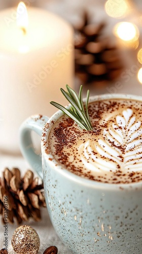  A cappuccino with a sprig of rosemary and a lit candle nearby