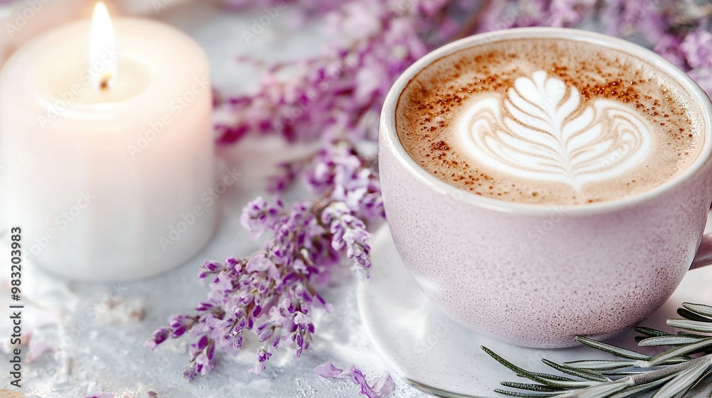   A cup of cappuccino sits on a saucer, beside a lit candle with lavender flowers