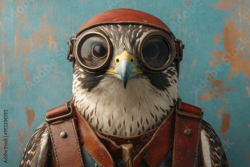 Stylish Falcon Wearing Aviator Goggles and Leather Gear with Blue Background Image photo