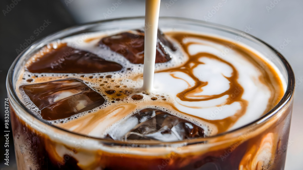 Close-up of Iced Coffee with Cream Pouring Over Ice Cubes, Creating Swirls and Foam Patterns Close-up of Iced Coffee with Cream Pouring Over Ice Cubes, Creating Swirls and Foam Patterns