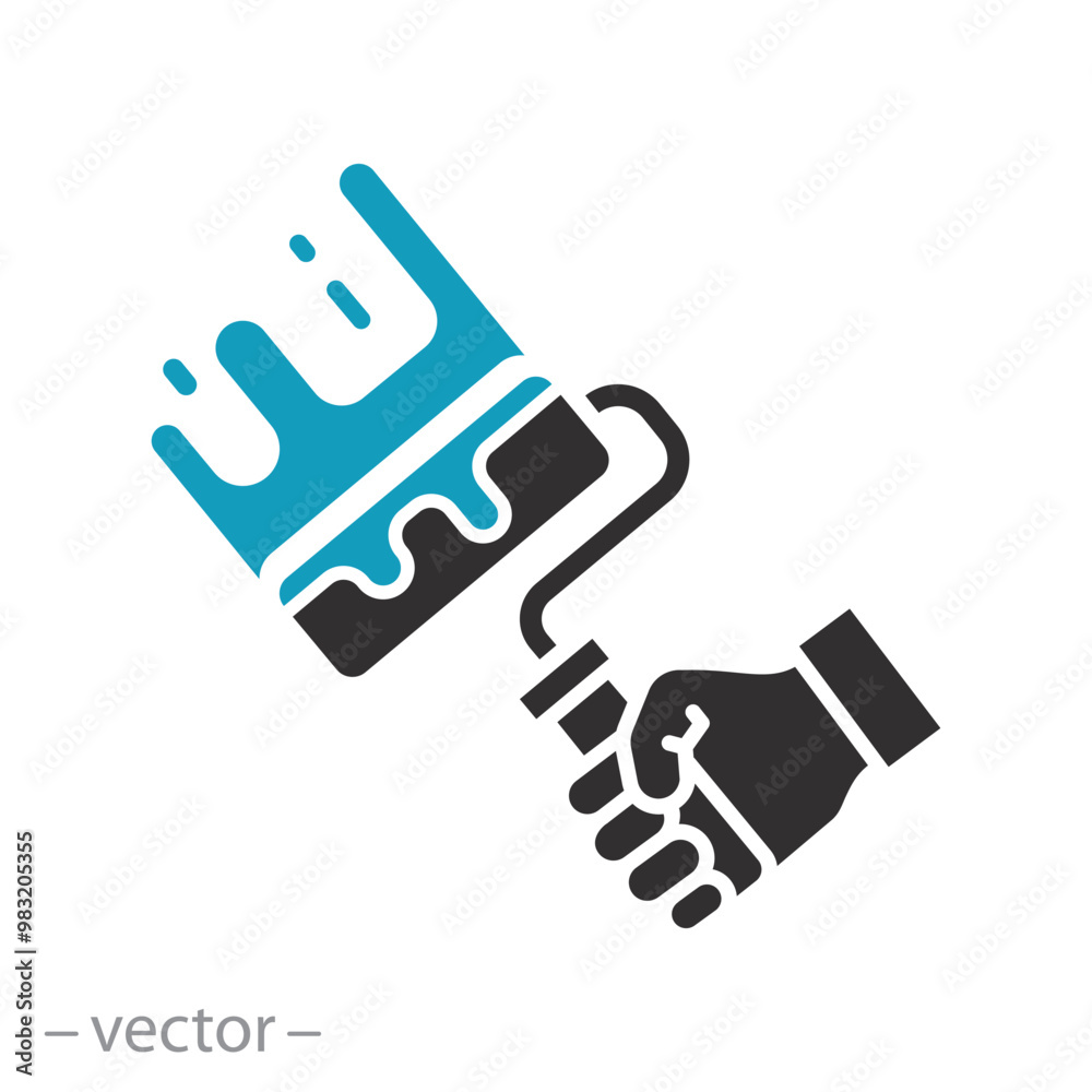 decorator with paint roller, icon, renovation in house, painter hand, wall work, flat vector illustration decorator with paint roller, icon, renovation in house, painter hand, wall work, flat vector illustration