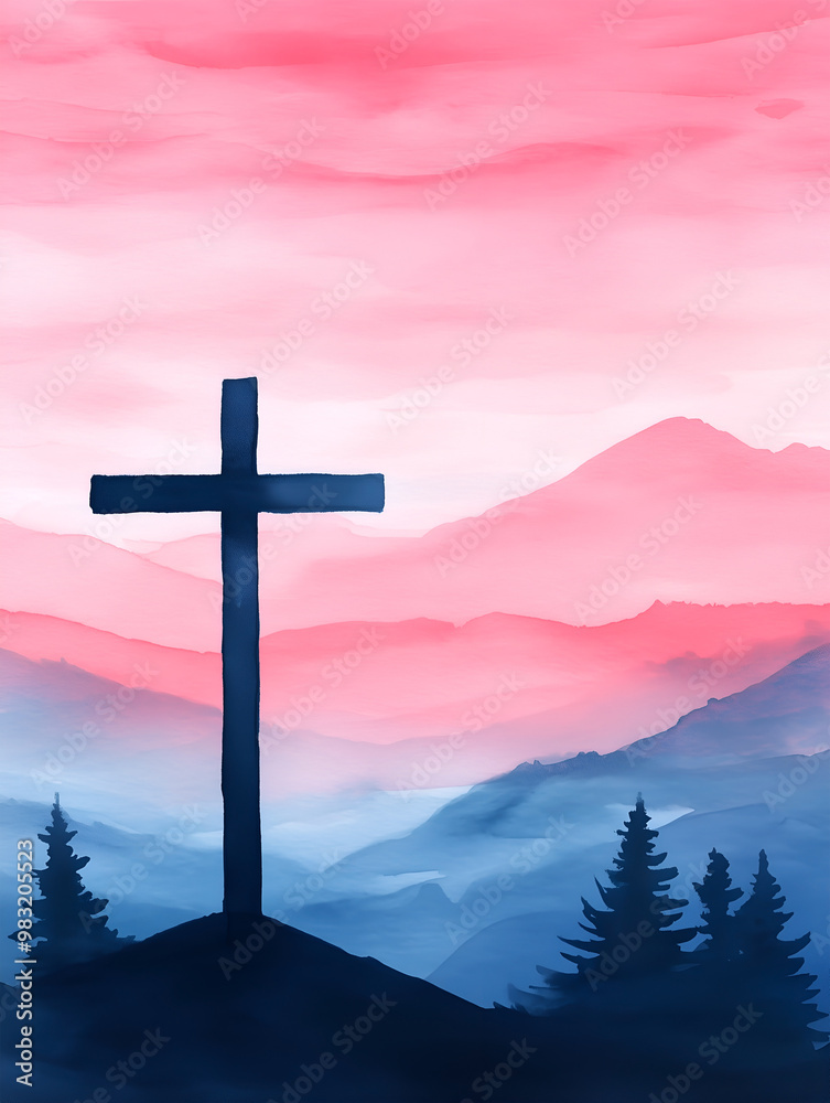 Obraz premium Crucifix symbol on a mountain at sunset with vibrant colors illuminating the sky
