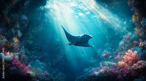 Majestic Manta Ray Gliding Through Vibrant Coral Reef