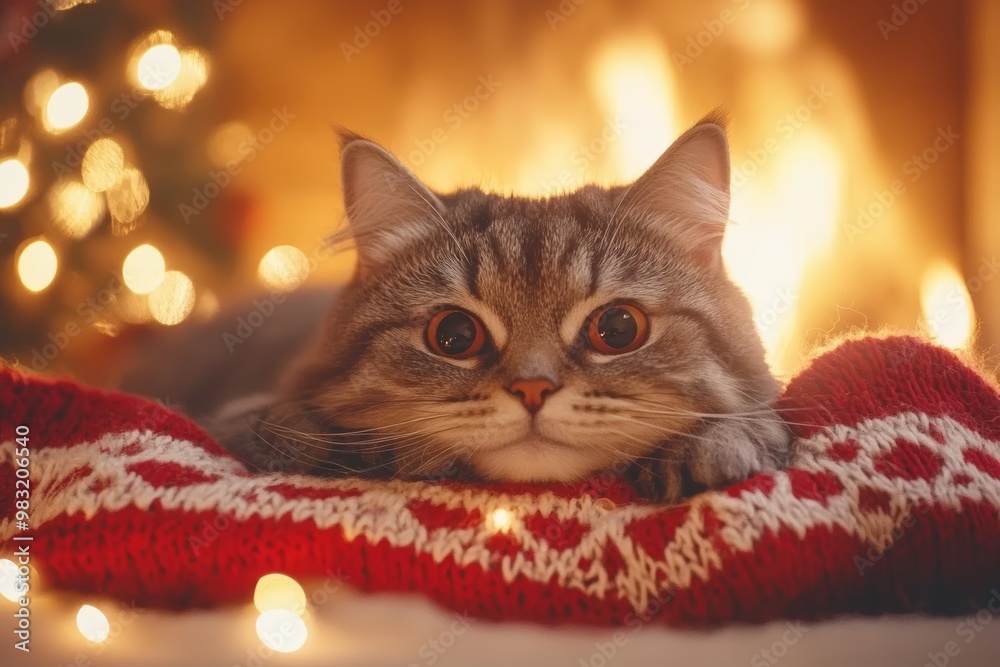 A cat relaxes on a warm blanket, enjoying the cozy atmosphere created by a glowing fireplace during the holidays A cat relaxes on a warm blanket, enjoying the cozy atmosphere created by a glowing fireplace during the holidays