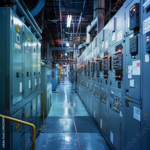 photo of the electrical substation room in a petrochemical plant, featuring rows of high-voltag