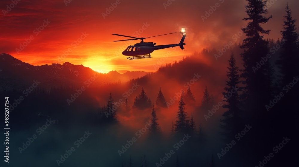 Helicopter Flying Above Misty Forest During Sunset Helicopter Flying Above Misty Forest During Sunset