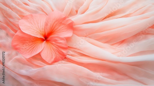  A pink flower resting atop crisp white ruffles upon a white sheet bed