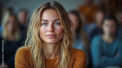 A young woman with long blonde hair looks directly at the camera.