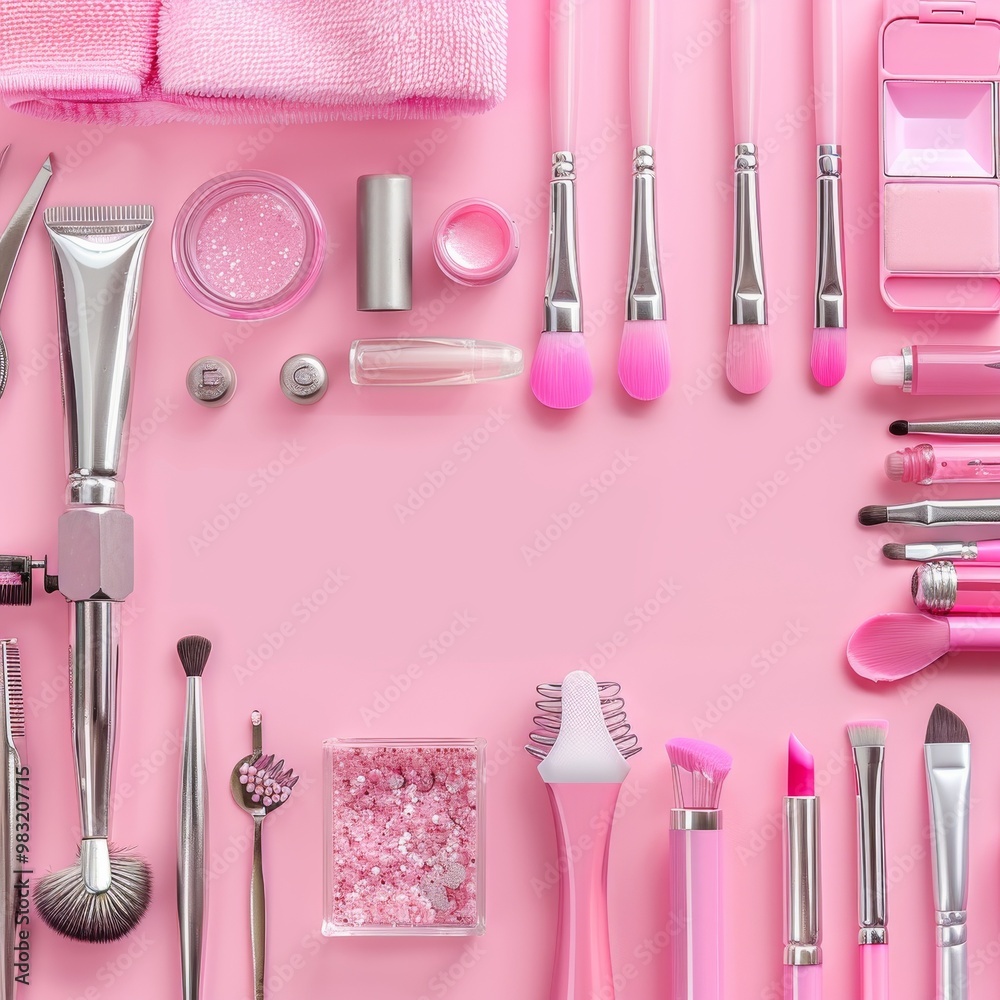 photo showing manicure pedicure tools laid out on a pink background, captured from an above view photo showing manicure pedicure tools laid out on a pink background, captured from an above view