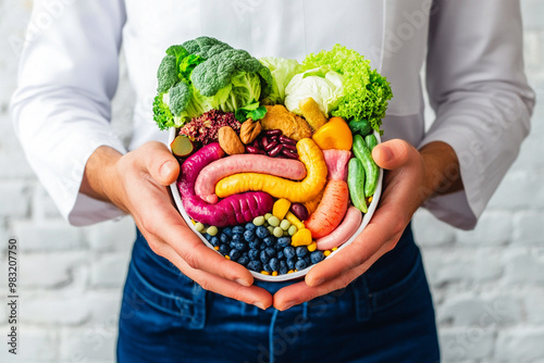 A man holding a plate of healthy food, surrounded by visual elements representing digestive health and gut flora photo