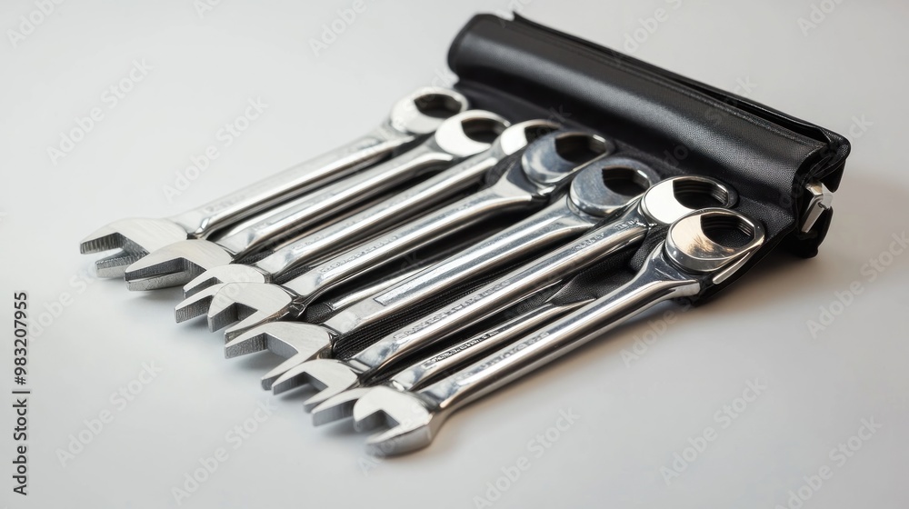 Set of Wrenches in Black Case on White Background Set of Wrenches in Black Case on White Background