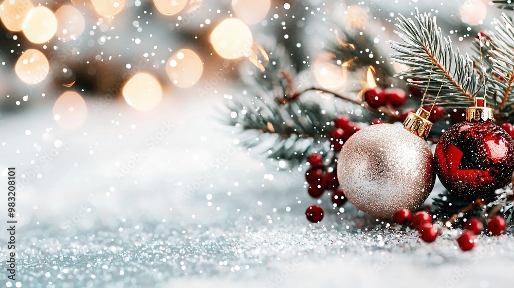 Close-up of Christmas ornament on tree branch with snowfall and background lights Close-up of Christmas ornament on tree branch with snowfall and background lights