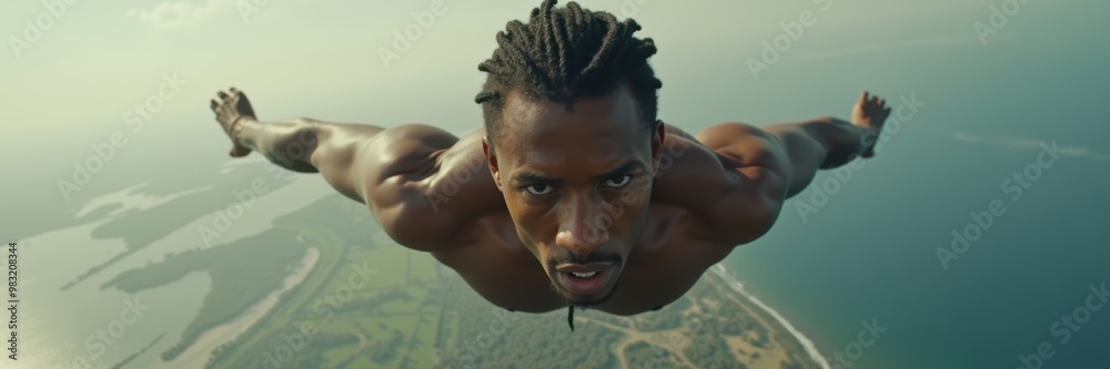 A dynamic aerial shot of a man skydiving, showcasing an exhilarating experience and a sense of freedom, ideal for adventure sports and travel marketing. A dynamic aerial shot of a man skydiving, showcasing an exhilarating experience and a sense of freedom, ideal for adventure sports and travel marketing.