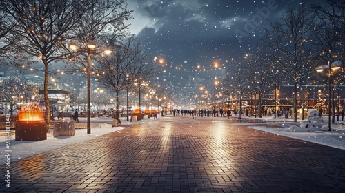 A large brick plaza in a city center during a snow festival, with heat lamps and festive lights, showing how public spaces can be warm and inviting even in winter photo