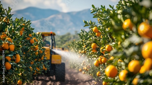 A tractor spraying water on an orange orchard