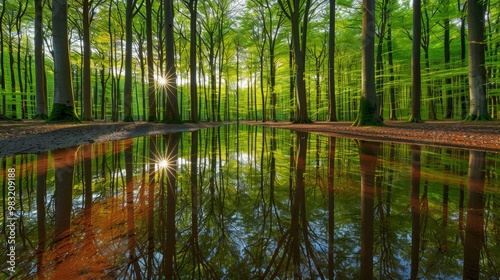 Lush green forest with sunlight streaming through trees and a tranquil river flowing nearby