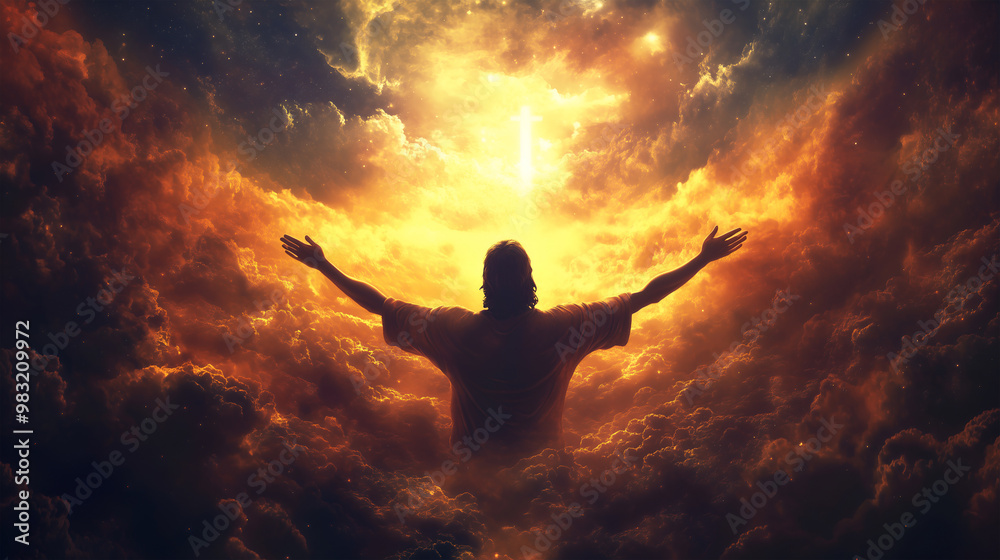 Jesus ascends to heaven, surrounded by clouds and radiant light Jesus ascends to heaven, surrounded by clouds and radiant light
