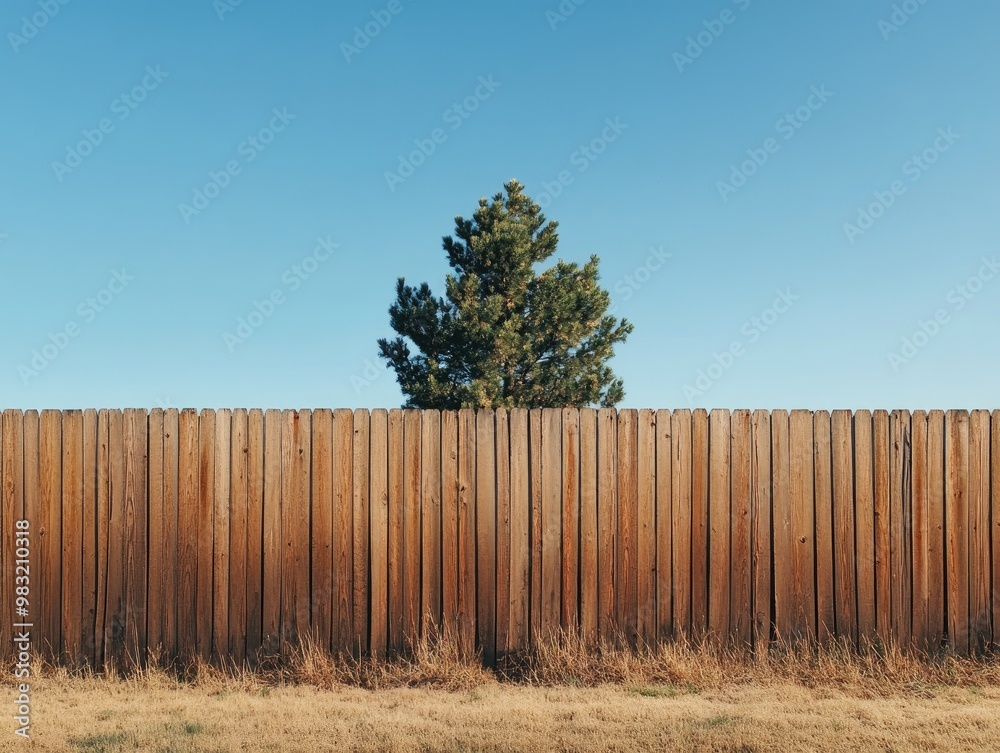 Fototapeta premium A solitary tree standing tall behind a weathered wooden fence.