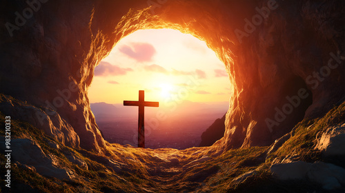 The empty tomb at sunrise, symbolizing the resurrection of Jesus and the promise of new life