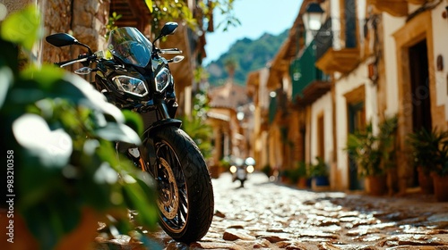   A motorcycle parked on a cobblestone street in front of a clock-tower building