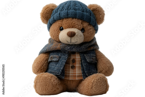 a stuffed bear wearing a hat and vest. 