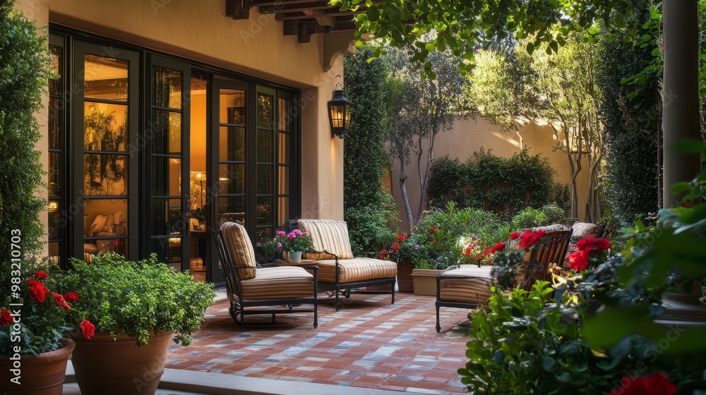 Fototapeta premium Cozy Outdoor Patio with Elegant Seating and Lush Greenery