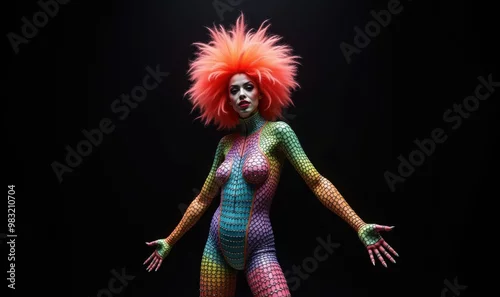 Fototapeta A vibrant and dynamic performer showcases colorful body art, embodying creativity and artistic expression against a dark background.