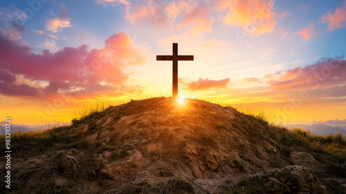 Wallpaper Mural The resurrection of Jesus at the empty tomb with a cross against a vibrant sunrise Torontodigital.ca