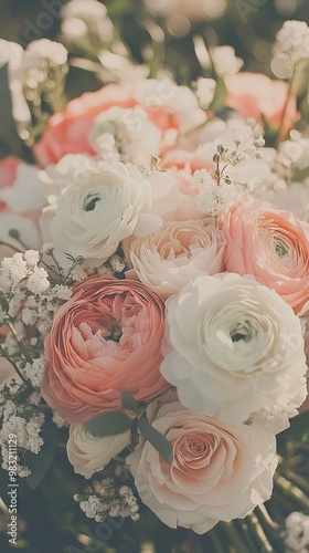   A bouquet of pink and white flowers on a bed of white and pink flowers