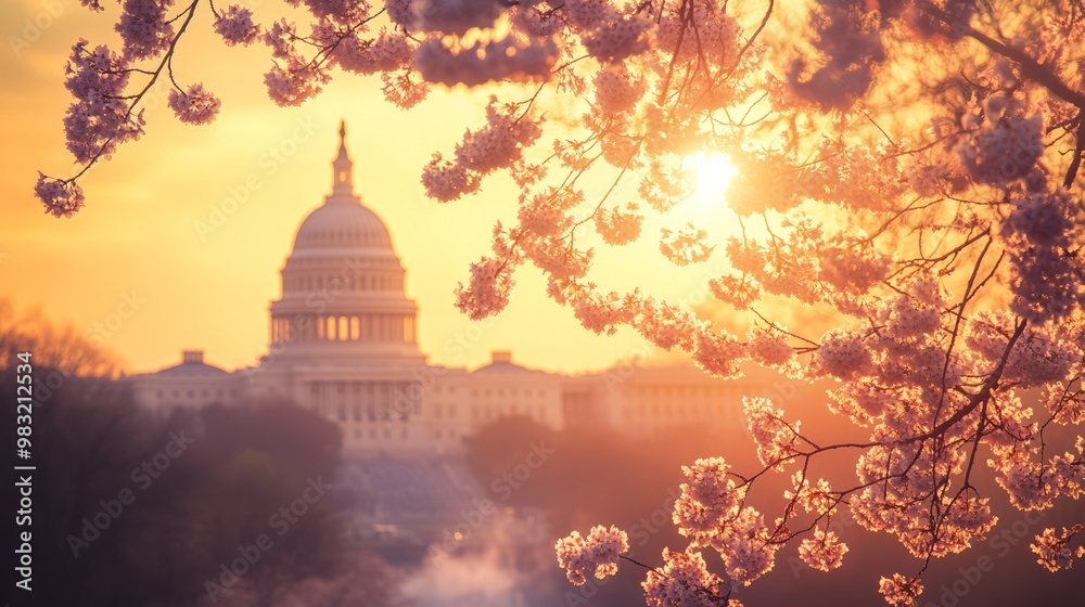Obraz premium Cherry Blossom Sunrise Over the Capitol Building