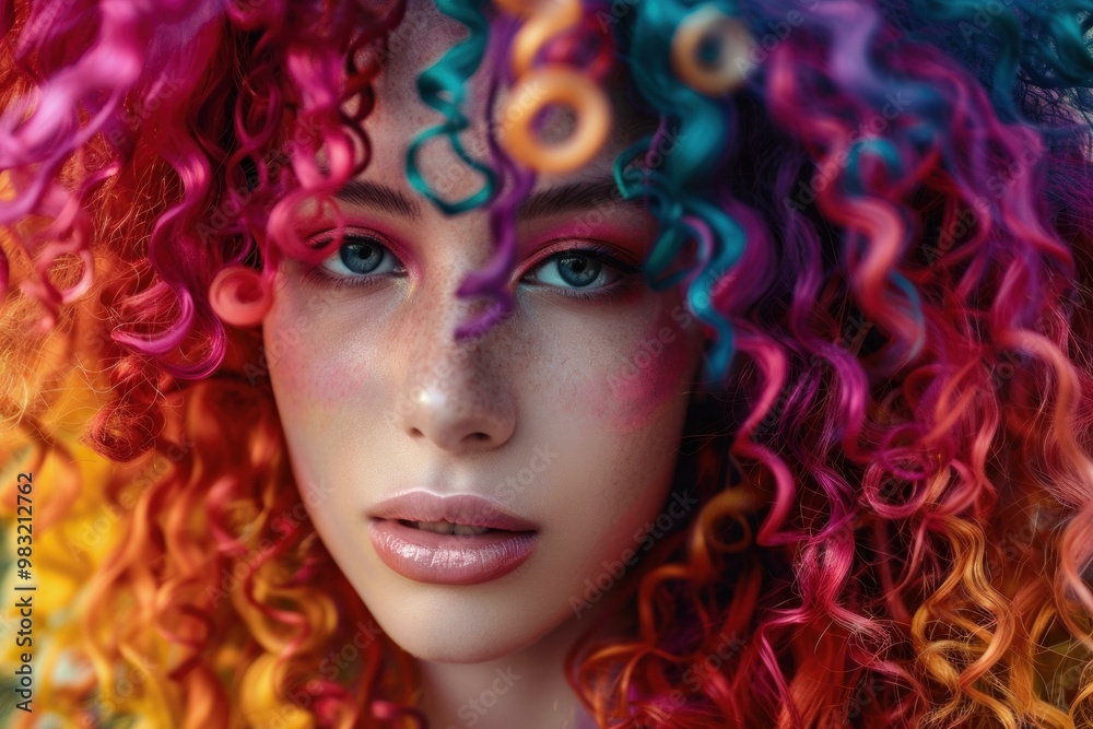 Model is posing with a colorful hairstyle and creative makeup Model is posing with a colorful hairstyle and creative makeup