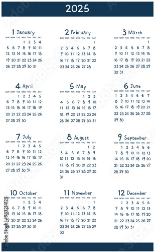 2025年の年間カレンダー　日曜日始まり