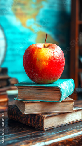 Vertical still life banner symbolizing education and back to school season, fresh red and yellow apple sitting atop stack of old, vintage books with worn, textured covers, blurred USA map in backdrop