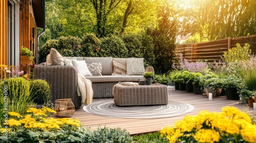 Cozy Outdoor Living Space with Comfortable Sofa and Lush Greenery