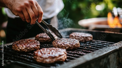 Cooking, grilling, and a man selling hamburgers in an outside backyard for a gathering, get-together, or patio lunch. Party, food, and a man grilling a burger, steak, or other meat for a barbecue