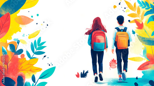 Vibrant illustration of two students, boy and girl, walking away, each carrying backpacks, symbolizing theme of returning to school. Surrounding colorful leaves and shapes of red, yellow, orange, blue