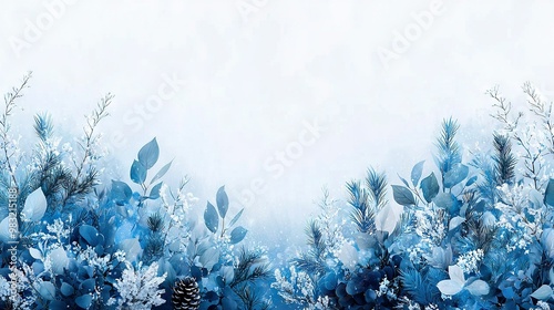  A canvas depicting blue blossoms and foliage against a pure white backdrop, featuring a solitary pine cone at its center photo