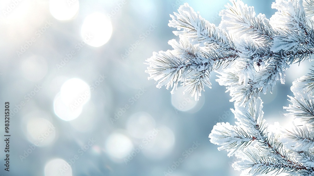 A picture of a pine tree with snow-covered branches and blurry background lights A picture of a pine tree with snow-covered branches and blurry background lights