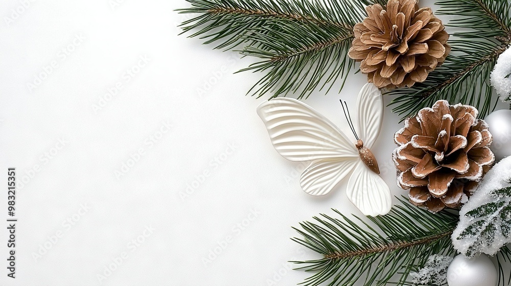 A white butterfly perched on a pine cone with two others nearby A white butterfly perched on a pine cone with two others nearby