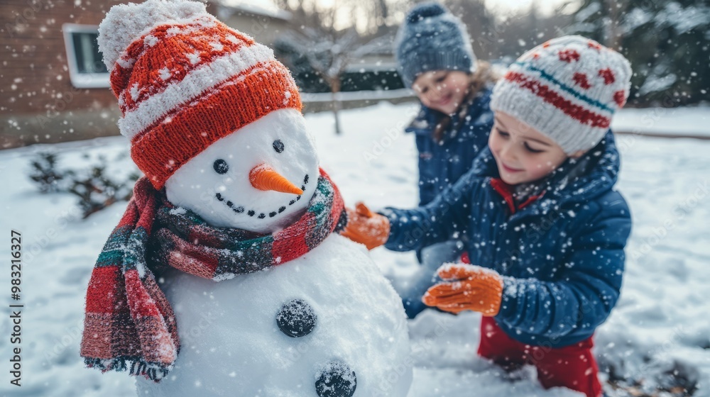 Children joyfully building a snowman in a snowy yard wearing festive hats and scarves during Christmas Children joyfully building a snowman in a snowy yard wearing festive hats and scarves during Christmas