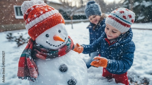 Children joyfully building a snowman in a snowy yard wearing festive hats and scarves during Christmas