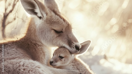 Tender Moment Between Kangaroo and Joey in Warm Light photo