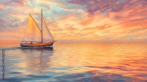 Tranquil Sunset Over Calm Waters with Sailing Boat